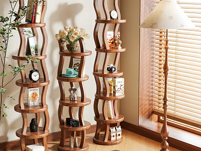 Multi Tier Wooden Spiral Shelving Unit With Decorative Items Books And Clock In Living Interior 3d model