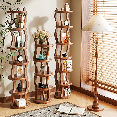 Multi Tier Wooden Spiral Shelving Unit With Decorative Items Books And Clock In Living Interior 3d model