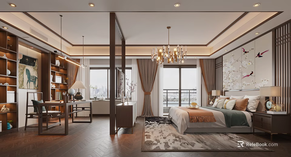 Elegant Modern Bedroom Interior With Chandelier Bed Rug Desk And Floor to ceiling Windows 3d model 