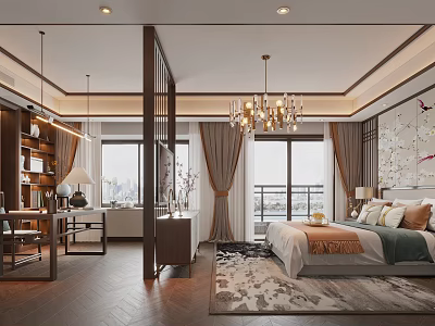 Elegant Modern Bedroom Interior With Chandelier Bed Rug Desk And Floor to ceiling Windows 3d model