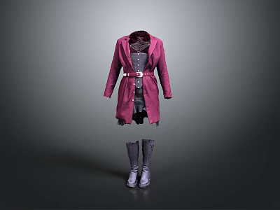 Fashionable Magenta Coat Outfit With Gray Vest Dress And Long Gray Boots 3d model