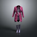 Fashionable Magenta Coat Outfit With Gray Vest Dress And Long Gray Boots