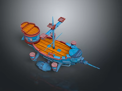 Colorful Cartoon Ship Model With Wooden Deck Blue Red Mast And Decorative Structure 3d model