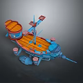 Colorful Cartoon Ship Model With Wooden Deck Blue Red Mast And Decorative Structure