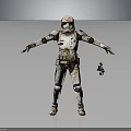 Weathered Armored Character in White Red Marked Armor Holding Small Robot Creature