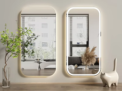 Modern Lighted Oval Mirrors in Living Room with Green Plant Cat Figurine and Reflected Sofa 3d model