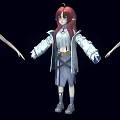 Anime Character 3D Model with Two Views Long Red Hair Light Coat and Purple Skirt