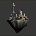 Fantasy Rock Platform With Central Figure Pink Gemstone Headdress Stone Steps White Dragon Tentacle Structures