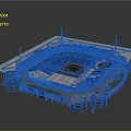 Modern Sports Stadium With White Roof Circular Logos And Blue Central Field