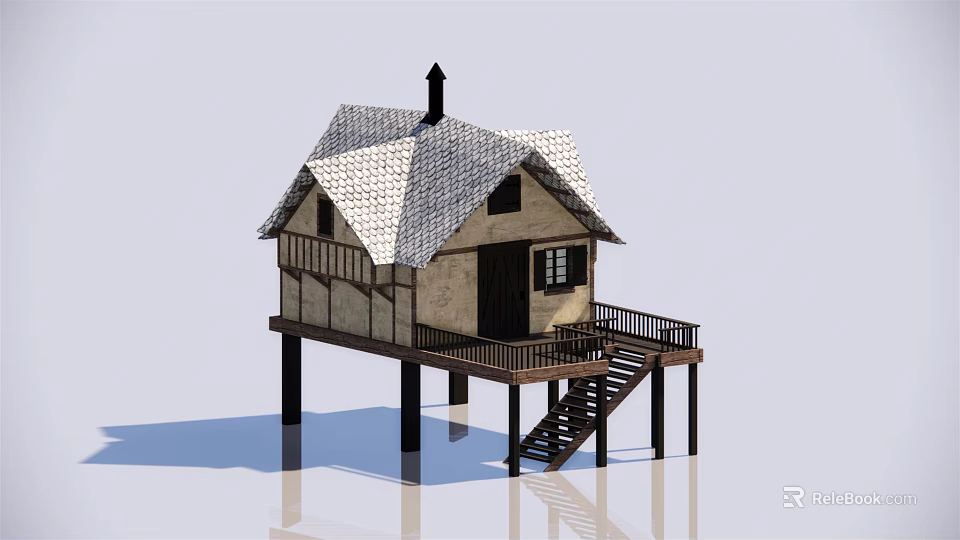 Detached Villa With Elevated Structure Tiled Roof Terrace Chimney And Staircase 3d model