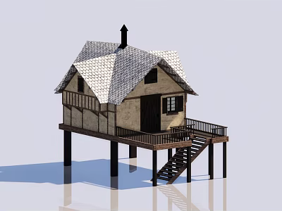 Detached Villa With Elevated Structure Tiled Roof Terrace Chimney And Staircase 3d model