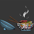 Blue Bowl With Red Animal Patterns Holding Hot Ramen And Fresh Toppings