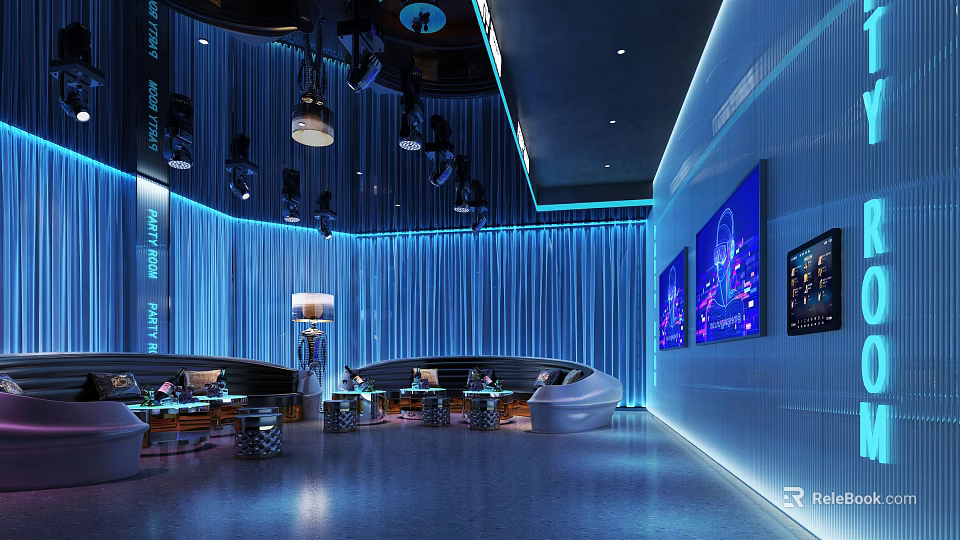 Modern KTV Interior Design With Colorful Lighting And Comfortable Sofa Seats 3d model 