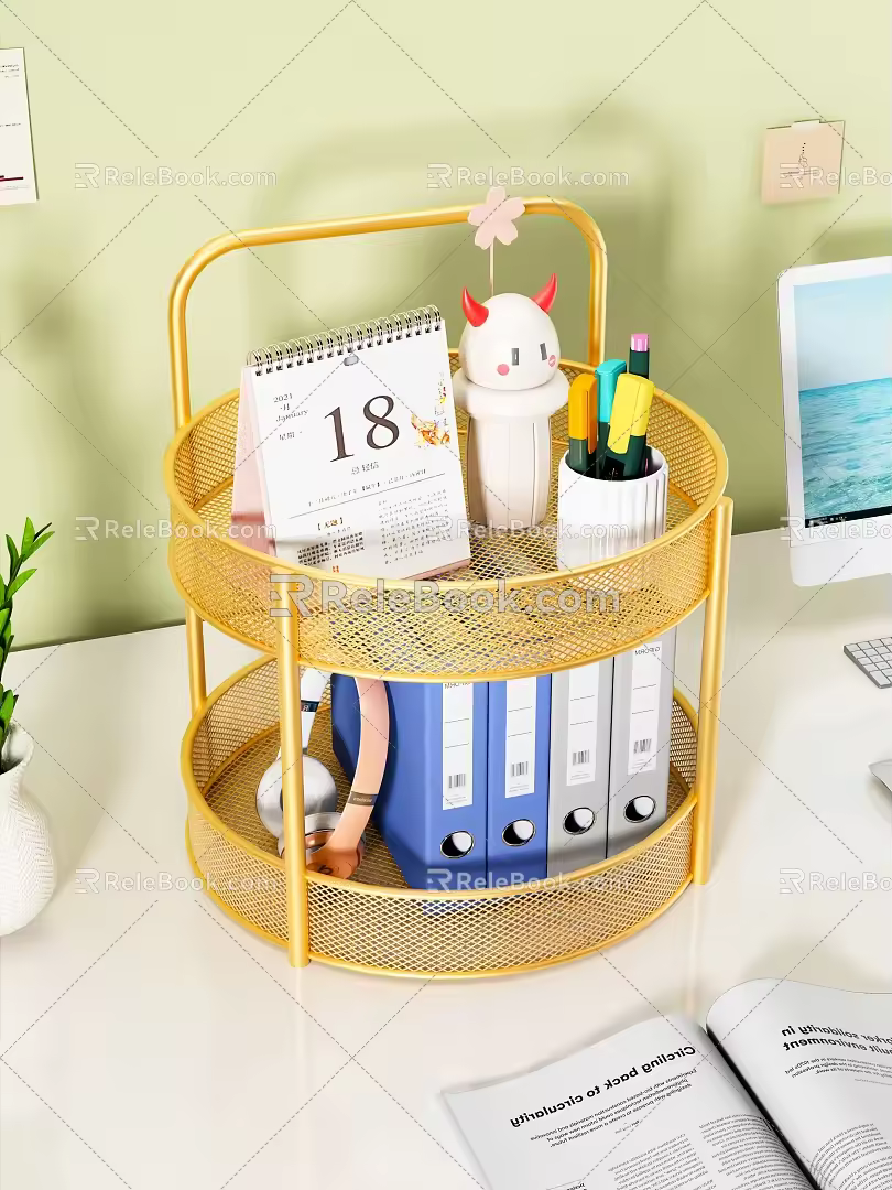 Golden Shelf Book Decoration Photo Frame Computer Keyboard Mouse Hanging Picture Calendar Notebook Changhong Glass Desk Study Mixed Oil 3d model