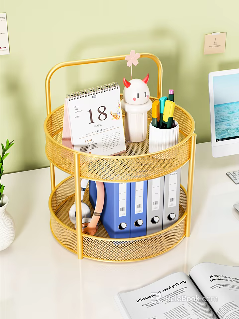 Study Room Organized With Gold Three Tier Metal Rack Calendar Figurine Pens And File Folders 3d model 