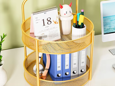 Study Room Organized With Gold Three Tier Metal Rack Calendar Figurine Pens And File Folders 3d model