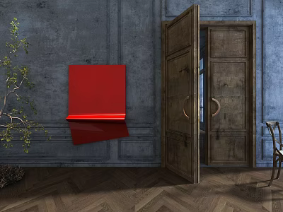Modern Red Wall Decor On Gray Wall With Wooden Door And Wooden Floor 3d model