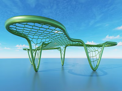 Modern Green Pergola With Net Structure Against Blue Sky And Water Surface 3d model