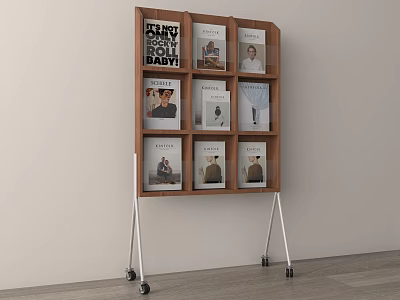Modern Wooden Multi Compartment Bookcase With Books Metal Legs And Wheels 3d model