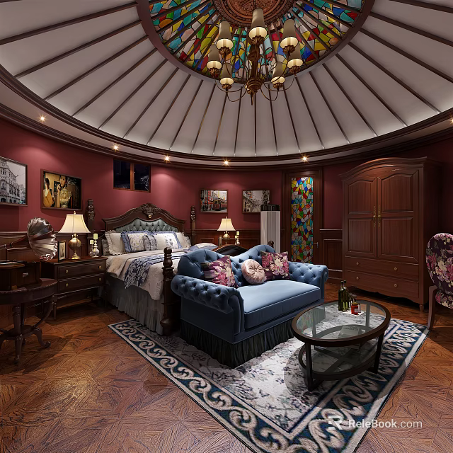 Luxurious Hotel Guest Room With Domed Ceiling Chandelier Blue Sofa And Decorative Paintings 3d model 