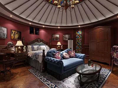 Luxurious Hotel Guest Room With Domed Ceiling Chandelier Blue Sofa And Decorative Paintings 3d model