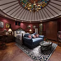 Luxurious Hotel Guest Room With Domed Ceiling Chandelier Blue Sofa And Decorative Paintings
