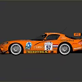 Orange Sports Race Car With Rear Wing Number 57 And Sponsor Decals
