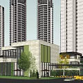 Modern High Rise Residential Buildings With Low Rise Structure Greenery And Yellow Vehicle At Entrance