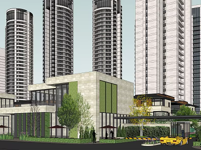Modern High Rise Residential Buildings With Low Rise Structure Greenery And Yellow Vehicle At Entrance 3d model