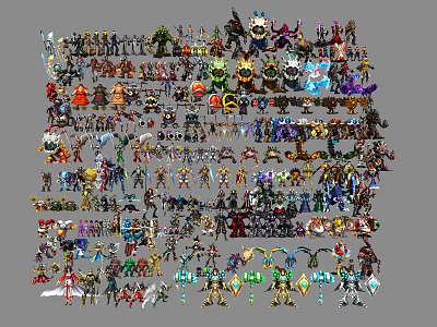 Diverse Collection Of Various Characters And Creatures With Colorful Designs Arranged In Multiple Rows 3d model