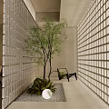 Modern Interior Landscape Design With Indoor Trees And Lattice Partition Lighting