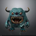 3D Furry Blue Monster Character With Horns Red Eyes Sharp Teeth Claws