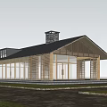Modern Residential House With Glass Walls Wooden Structure Sloped Roof And Chimney In Green Field