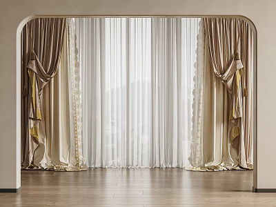 Elegant Beige Curtains With White Sheer Panels And Gold Tassel Trim For Arched Window 3d model