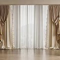 Elegant Beige Curtains With White Sheer Panels And Gold Tassel Trim For Arched Window