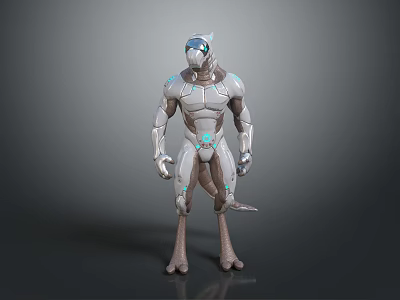 Futuristic Humanoid Creature Character With Silver White Body And Blue Glowing Lines 3d model