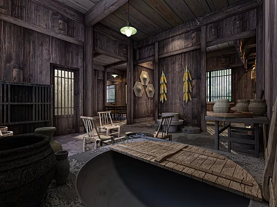 Traditional Chinese Cultural Center Interior With Wooden Furniture Bamboo Crafts And Vintage Decorations 3d model