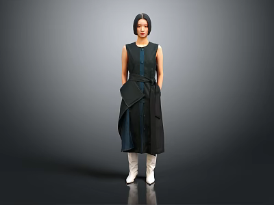 Woman Wearing Stylish Dark Blue Sleeveless Dress with Color Block Design and White Boots 3d model