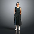 Woman Wearing Stylish Dark Blue Sleeveless Dress with Color Block Design and White Boots