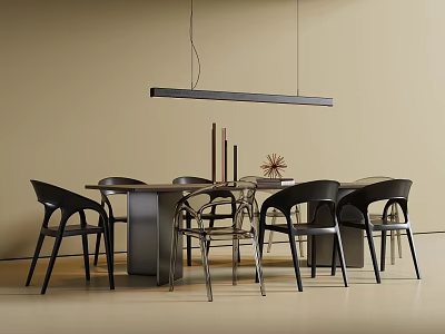 Modern Dining Table And Black Chairs Set With Hanging Pendant Light And Decorative Items 3d model