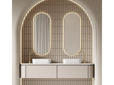 Modern Minimalist Double Washbasin Vanity With Oval Mirrors And Vertical Tile Backsplash 3d model