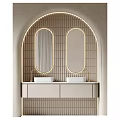 Modern Minimalist Double Washbasin Vanity With Oval Mirrors And Vertical Tile Backsplash