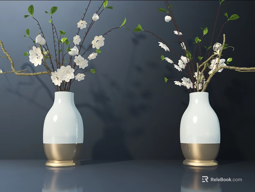 White Vases with Gold Base Featuring White Flowers Green Leaves Branches on Dark Surface 3d model 