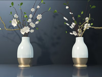 White Vases with Gold Base Featuring White Flowers Green Leaves Branches on Dark Surface 3d model