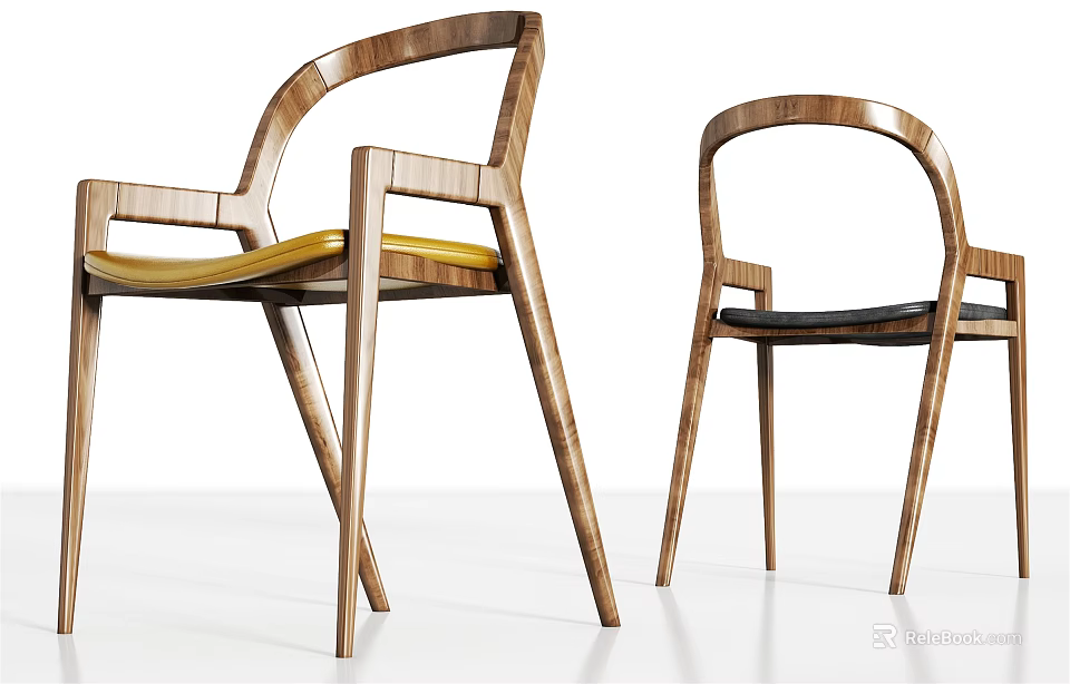 Wooden Frame Single Chairs with Armrests Yellow and Black Seats Modern Minimalist Design 3d model 