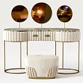 Elegant Modern Dressing Table With Marble Top Gold Frame Round Mirrors And Beige Stool 3d model