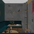 Modern Café Interior With Wooden Counter Green Chair Shelves And Cat