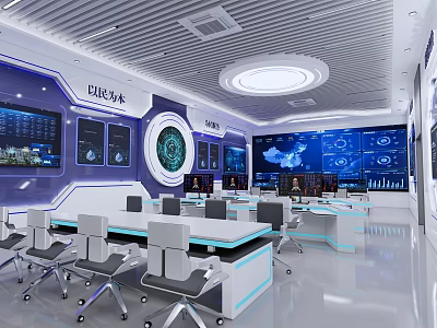 Modern Monitoring Room With Multiple Control Desks And Digital Data Displays 3d model