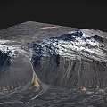 Snow-capped mountain range with winding river through valley and rocky terrain 3d model