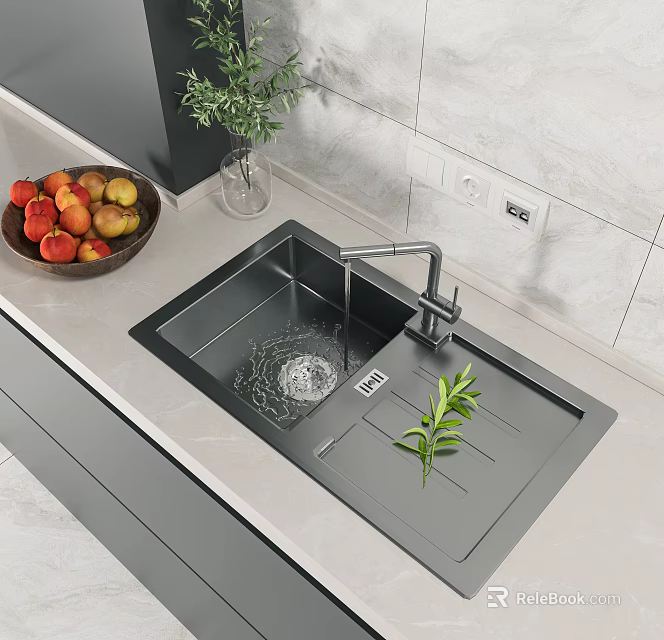 Modern Black Kitchen Sink with Faucet Running Water on Countertop Fruit Bowl and Green Plants 3d model 
